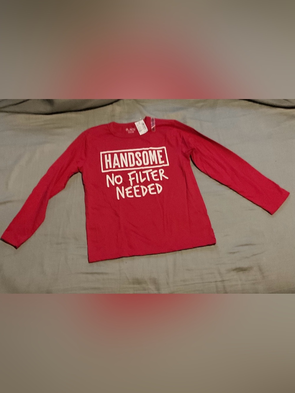 Boys Red Graphic Long Sleeve T-Shirt “Handsome No Filter Needed” Size 7/8 NWT